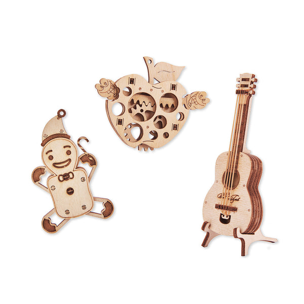 Set of Mini 3D Puzzles №4 - Gingerbread, Guitar, Apple from WoodTrick
